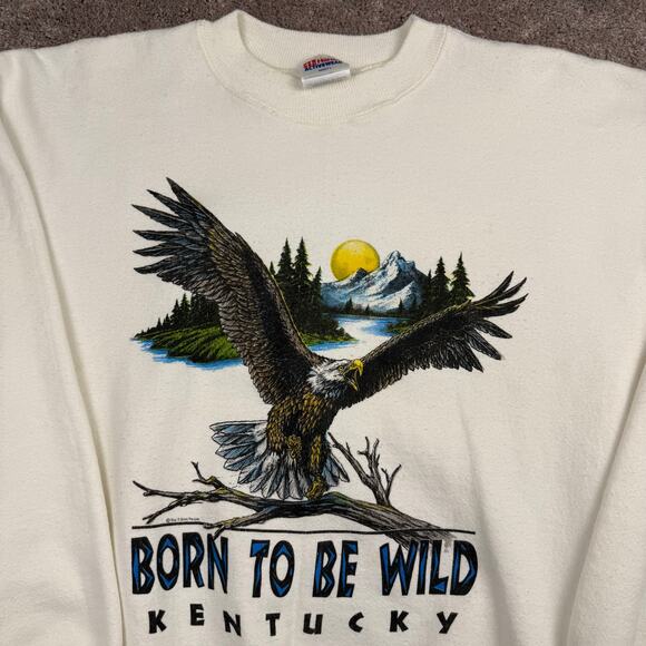 Vintage Kentucky Sweatshirt Born To Be Wild Crewneck White Size L Eagle Nature - Picture 2 of 5